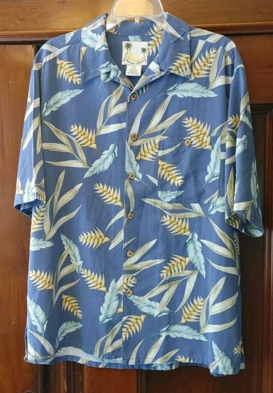 Hawaiian Banana Cabana Silk Shirt Button Up Floral Men's Size Large Blue S/S